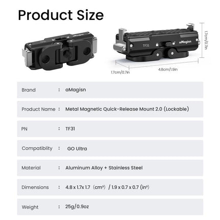 For Insta360 GO Ultra aMagisn Metal Magnetic Quick Release Mount 2.0 Lockable Adapter, For Insta360 GO Ultra