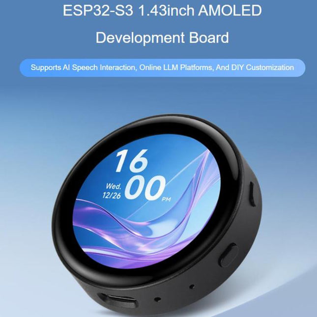 ESP32-S3 1.43 Inch AMOLED Round Touch Display Development Board Supports AI Speech Interaction And Online LLM Platforms Without Lithium Batteries, Waveshare 34384