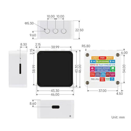 Waveshare 34201 ESP32-C6 2.16 Inch AMOLED Display Touch Screen Development Board Supports Dual Microphones, Wi-Fi 6 And BLE 5, 34201
