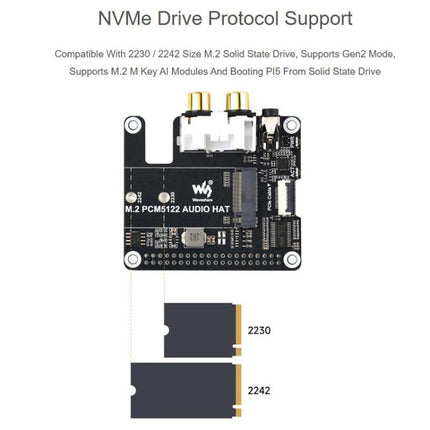 For Raspberry Pi 5 PCIe To M.2 HAT With I2S Audio Extension Supports NVMe Protocol Solid State Drive, Waveshare 34170