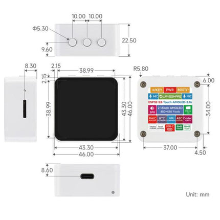 Waveshare 33970 ESP32-S3 2.16 Inch AMOLED Display Development Board, Supports Dual Microphones, 2.4GHz Wi-Fi And BLE 5, 33970