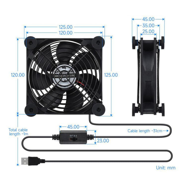 Waveshare 34398 USB 5V 120mm Quiet Cooling Fan, 3-Speed Adjustable, PWM Control, High Airflow, Anti-Vibration Design, Single, Double
