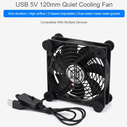 Waveshare 34398 USB 5V 120mm Quiet Cooling Fan, 3-Speed Adjustable, PWM Control, High Airflow, Anti-Vibration Design, Single, Double