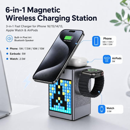 6-In-1 Magnetic Wireless Charging Station With Pixel Art Bluetooth Speaker Magnetic Fast Charger For Phone, IWatch, Eurbuds