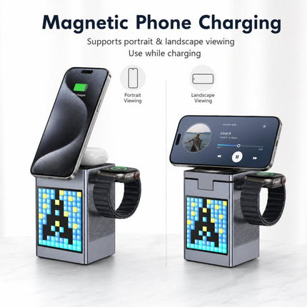6-In-1 Magnetic Wireless Charging Station With Pixel Art Bluetooth Speaker Magnetic Fast Charger For Phone, IWatch, Eurbuds
