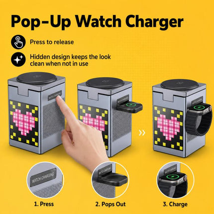 6-In-1 Magnetic Wireless Charging Station With Pixel Art Bluetooth Speaker Magnetic Fast Charger For Phone, IWatch, Eurbuds