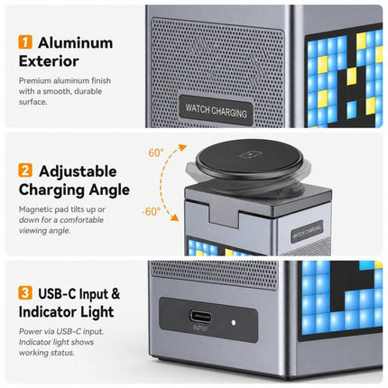 6-In-1 Magnetic Wireless Charging Station With Pixel Art Bluetooth Speaker Magnetic Fast Charger For Phone, IWatch, Eurbuds
