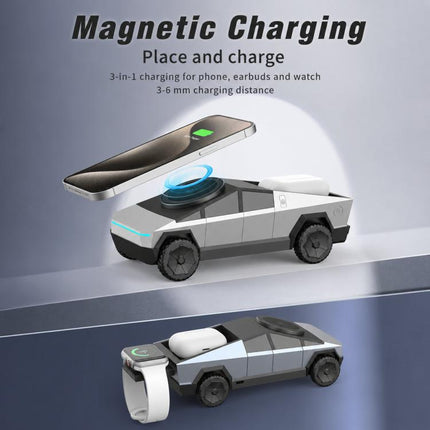 3-In-1 Magnetic Wireless Charging Station Cybertruck Shaped Fast Charging Dock Rotatable Charger Stand for Phone, iWatch, AirPods