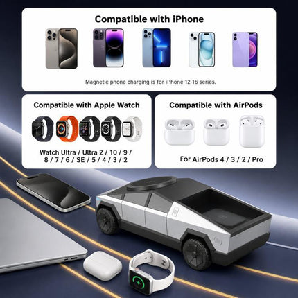 3-In-1 Magnetic Wireless Charging Station Cybertruck Shaped Fast Charging Dock Rotatable Charger Stand for Phone, iWatch, AirPods