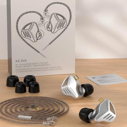 KZ-ZVX Dynamic In-Ear 1.2m Wired Earphones Deep Bass Hi-Fi Monitoring Earphones, Silver Standard, Silver With Mic, Black Standard, Black With Mic