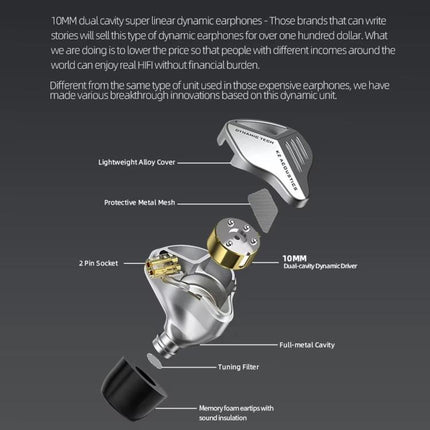 KZ-ZVX Dynamic In-Ear 1.2m Wired Earphones Deep Bass Hi-Fi Monitoring Earphones, Silver Standard, Silver With Mic, Black Standard, Black With Mic