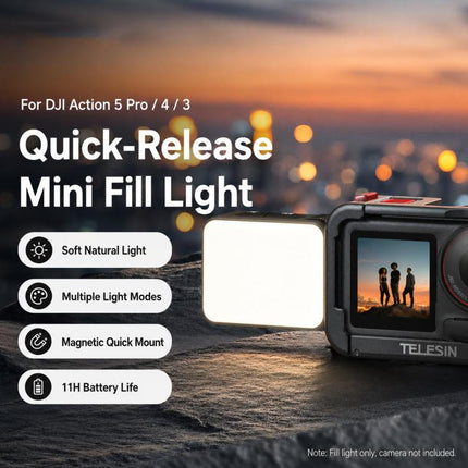For DJI Action 5 Pro/4/3 TELESIN Quick-Release Mini Vlog Fill Light, IPX5 Waterproof Magnetic LED Video Light With 3 Color Temps, For DJI Action 5 Pro/4/3