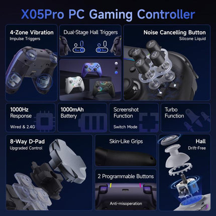 EasySMX X05Pro Wireless PC Gaming Controller Tri-Mode Hall Effect Gamepad with Dual-Stage Triggers & Silent Buttons for PC & Switch, Grey White, Black, White With Charging Dock, Black With Charging Dock