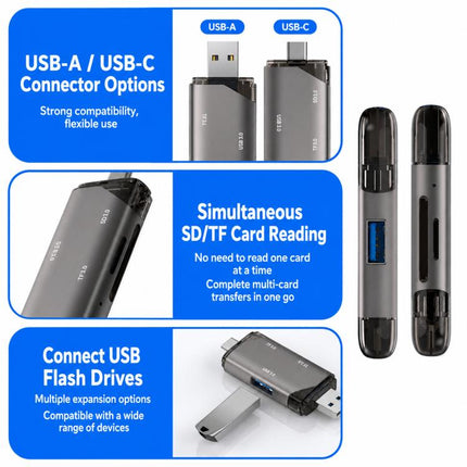 ADS-329 USB / Type-C 3.0 Card Reader 5 In 1 SD/TF Memory Card USB Flash Drive Reader, ADS-329