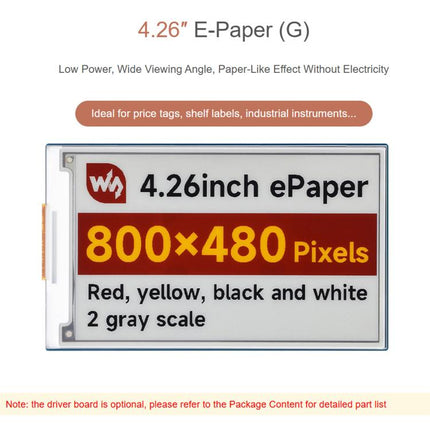 Waveshare 4.26inch E-Paper Display 800 × 480 Resolution Red/Yellow/Black/White, The Raw Display Only, With Driver Board
