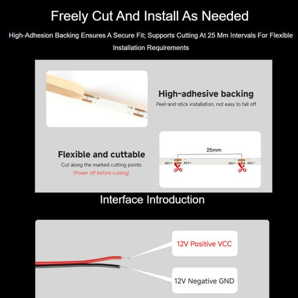 Waveshare 4000K DC 12V 5m 480 LEDs/m Single-Color COB Soft Light Strip No Light Spots Supports Free Cutting, 2mm Width, 4mm Width