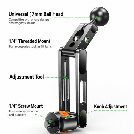 1/4 Inch Screw Phone Tripod Mount for Cameras Monitors Ring Lights, Magnetic Mount, Tension Phone Clamp, 17mm Ball Joint Base Only
