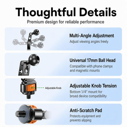 1/4 Inch Screw Phone Tripod Mount for Cameras Monitors Ring Lights, Magnetic Mount, Tension Phone Clamp, 17mm Ball Joint Base Only