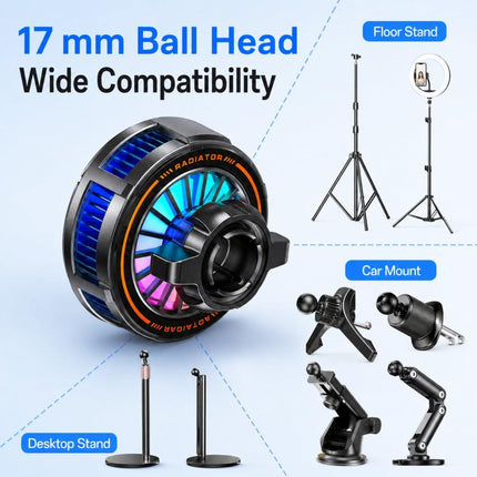 17mm Ball Joint Magnetic Phone Cooler 3-Speed Semiconductor Cooling Fan, H8A Cooler Only, with Air Vent Clip C50, with Telescopic Suction Mount C12, with Desktop Live Stand A124, with Floor Tripod KP002, with Air Vent Hook C49