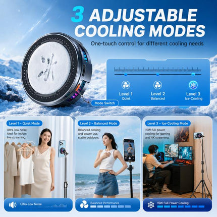 17mm Ball Joint Magnetic Phone Cooler 3-Speed Semiconductor Cooling Fan, H8A Cooler Only, with Air Vent Clip C50, with Telescopic Suction Mount C12, with Desktop Live Stand A124, with Floor Tripod KP002, with Air Vent Hook C49