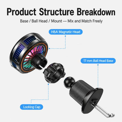 17mm Ball Joint Magnetic Phone Cooler 3-Speed Semiconductor Cooling Fan, H8A Cooler Only, with Air Vent Clip C50, with Telescopic Suction Mount C12, with Desktop Live Stand A124, with Floor Tripod KP002, with Air Vent Hook C49