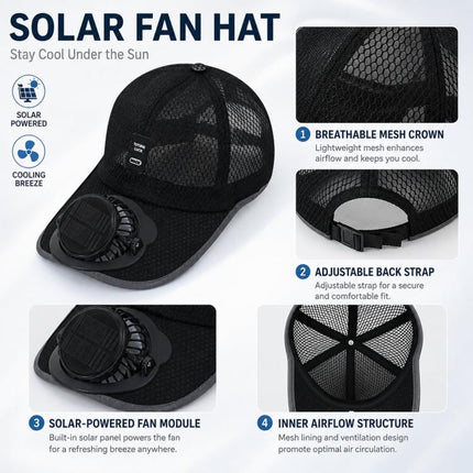 Solar Fan Hat with 3-Speed Adjustable Cooling Rechargeable Sun Cap Mesh Breathable Baseball Visor