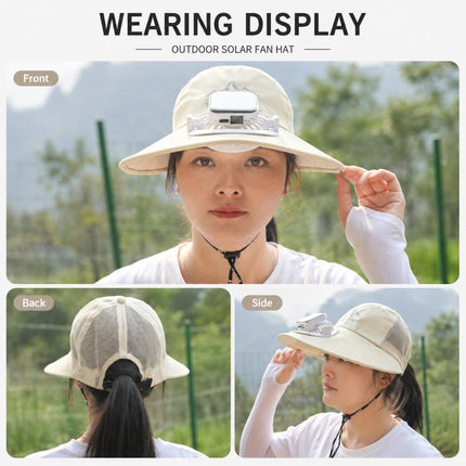 Wide Brim Solar Fan Hat with Smart LED Power Display Type-C Rechargeable UV Sun Cap, 600mAh, 300mAh