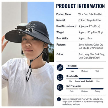 Wide Brim Solar Fan Hat with Smart LED Power Display Type-C Rechargeable UV Sun Cap, 600mAh, 300mAh