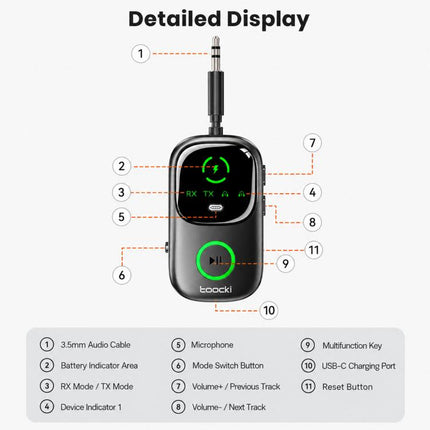Toocki 2-in-1 Bluetooth 5.4 Transmitter Receiver AUX 3.5mm Wireless Audio Adapter with Power Display, BT-05