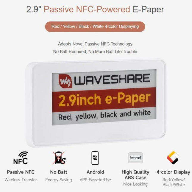 WAVESHARE 2.9 Inch Passive NFC-Powered E-Paper (G), Red / Yellow / Black / White 4-Color Displaying, Wireless Powering & Refreshing, 34751