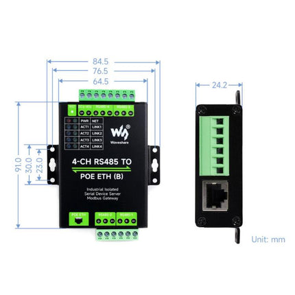 WAVESHARE 4-Ch RS485 To RJ45 Ethernet Serial Server, 4 Channels RS485 Independent Operation, Rail-mount Industrial Isolated Serial Module, Common Network Port, PoE Ethernet Port