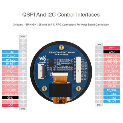 1.85 inch Touch LCD Display Module, 360 x 360 Resolution, 262K Color, QSPI And I2C Communication, Built-in ST77916 Display Driver Chip And CST816S Touch Control Chip, 35079