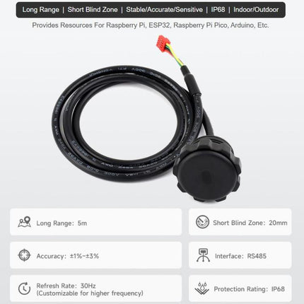WAVESHARE TOF MINIS Laser Range Sensor, Based On Time-of-Flight (TOF) Technology, Built-in Controller And Ranging Algorithm, RS485 Communication Support, 35108