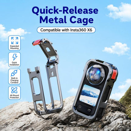 For Insta360 X6 Metal Magnetic Quick-Release Frame Cage Protective Camera Housing With Cold Shoe, Metal Material