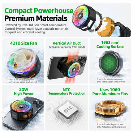 PIVA B25 Magnetic Phone Cooler 20W Semiconductor Cooling Fan with Detachable Clip, RGB Light