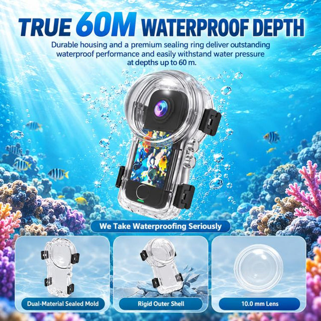 For Insta360 X4 Air Invisible Dive Case 60m/197ft Waterproof Underwater Housing with Magnetic Quick Release Mount