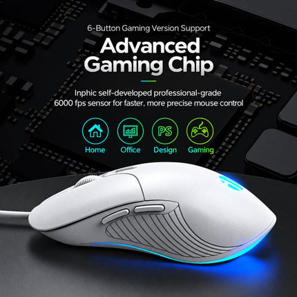 Inphic B1 Wired Silent Mouse, Ergonomic USB Computer Mouse with Adjustable DPI, White