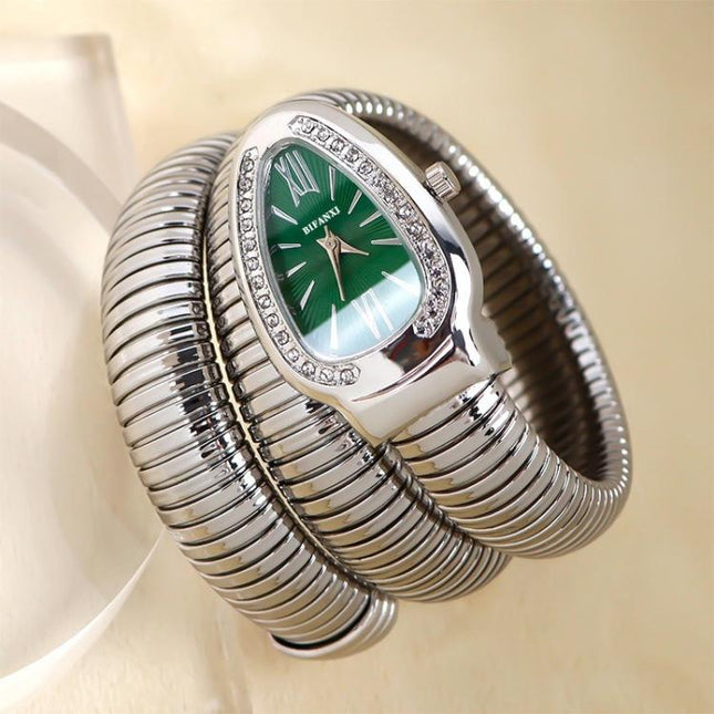 YAZOLE BI001 Women Snake Shaped Bangle Watch Elastic Steel Bracelet Quartz Cuff Watch Unique Animal Design Timepiece