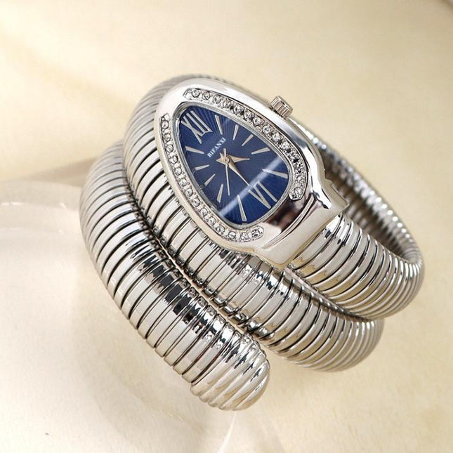 YAZOLE BI001 Women Snake Shaped Bangle Watch Elastic Steel Bracelet Quartz Cuff Watch Unique Animal Design Timepiece