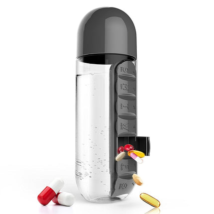 600ML Plastic Water Bottle with Daily Pill Box Organizer Drinking Bottles
