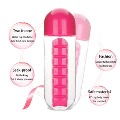 600ML Plastic Water Bottle with Daily Pill Box Organizer Drinking Bottles