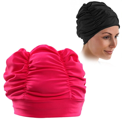 Women Earmuffs Pleated Cloth Swimming Cap, Women Swimming Cap (Black), Women Swimming Cap (Lake Blue), Women Swimming Cap (Purple), Women Swimming Cap (Rose)