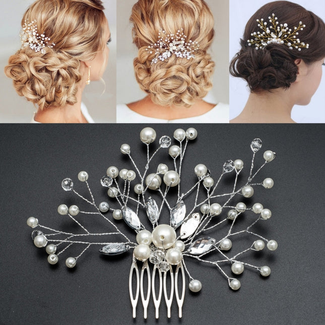 Pearl Women Hair Combs Wedding Hair Accessories Hair Pin Rhinestone Tiara Bridal Clip Crystal Crown Bride Hair Jewelry, Silver, Gold