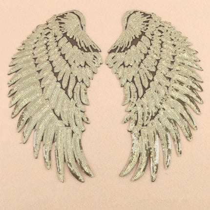 A Pair Sequin Feather Wing Shape Clothing Patch Sticker DIY Clothing Accessories, Small 20.5 x 10cm Gold, Middle 26.5 x 26cm Gold, Large 33.5 x 32cm Gold, Small 20.5 x 10cm Silver, Middle 26.5 x 26cm Silver, Large 33.5 x 32cm Silver                    ...