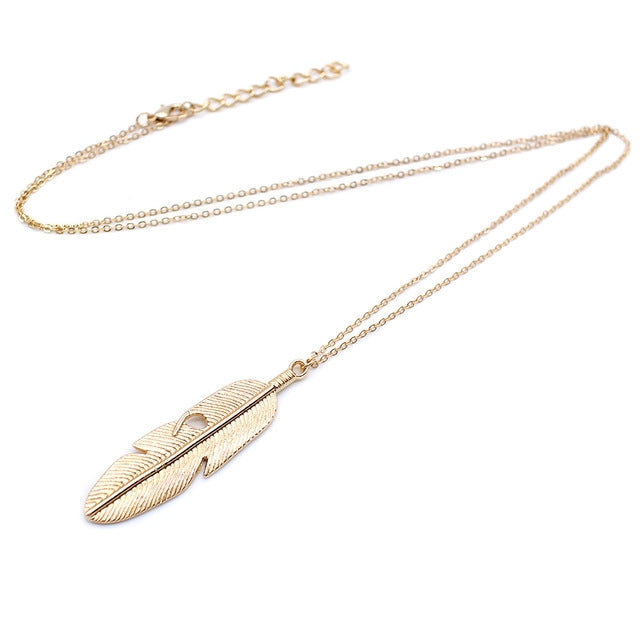 Simple Classic pendant Necklace Feather Necklace Long Sweater Chain Jewelry choker Necklace for Women, Gold, Silver