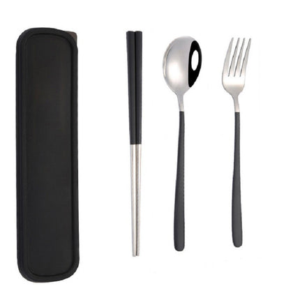 3pcs / Set Portable Stainless Steel Tableware Creative Set Chopsticks Spoon Fork Gift, Steel, Black, Pink, Red, Blue
