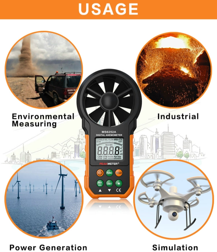 PEAKMETER High-precision Digital Display Wind Speed Air Volume Measuring Instrument, MS6252A Wind Speed, Air Volume, MS6252B Temperature, Humidity, USB