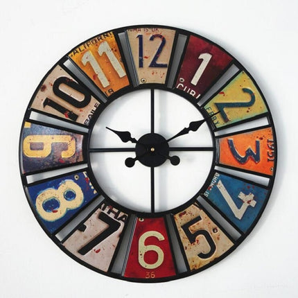 Digital Round Retro Wall Clock Creative License Plate Wrought Iron Decorative Clock