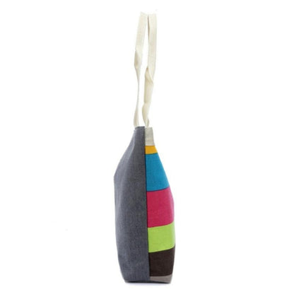 Color Canvas Stripe Contrast Color Shoulder Bag Large Capacity Handbag Green Shopping Bag