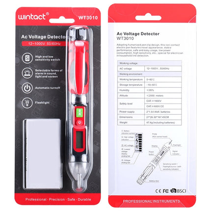 WINTACT WT3010  LED AC Voltage Tester Non-Contact Detector Pen 12-1000V AC Voltage Detector, WINTACT WT3010